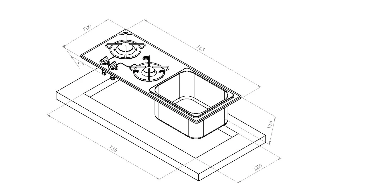 Navy Load Glass Built-In 2 Burners Hob With Stainless Steel Sink NL.20015 - Image 2